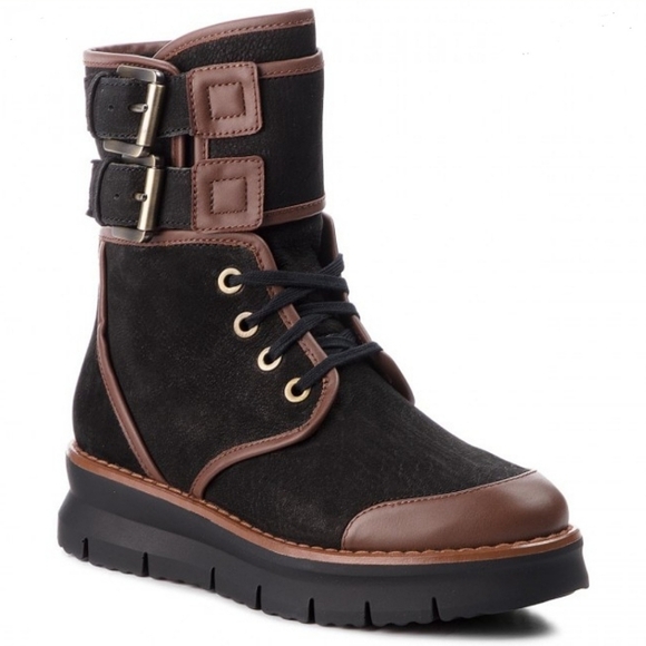 Geox Porthya Black Brown Leather Biker Boots Booties Brand New size EU 40 US 10 - Picture 1 of 11